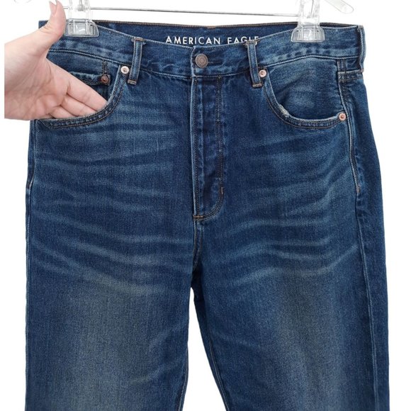 American Eagle Dark Wash Girlfriend High Rise Button Fly Crop Denim Jeans 10 Reg - Picture 2 of 12
